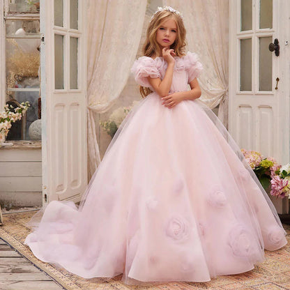 Luxury Pink Girl Dress Handmade Flowers Princess Quinceañera J150