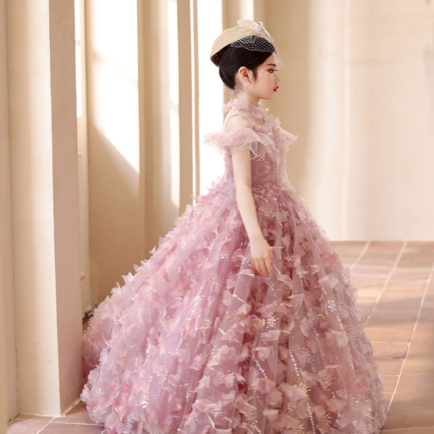 Luxury Pink Girl Dress with Flowers Kids Princess J094