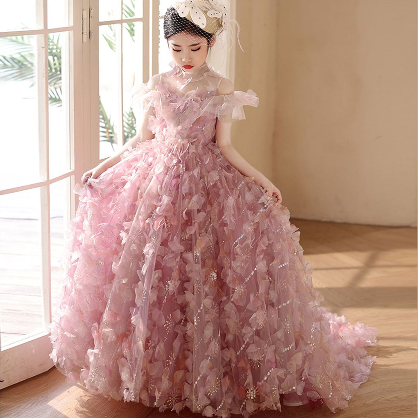 Luxury Pink Girl Dress with Flowers Kids Princess J094