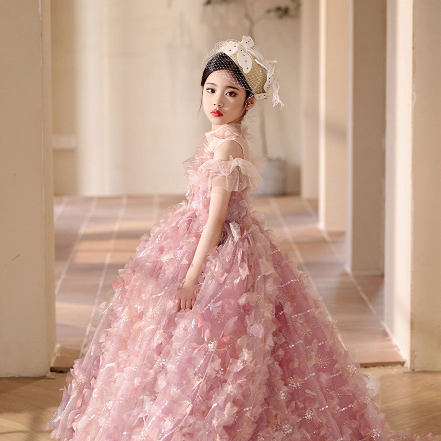 Luxury Pink Girl Dress with Flowers Kids Princess J094