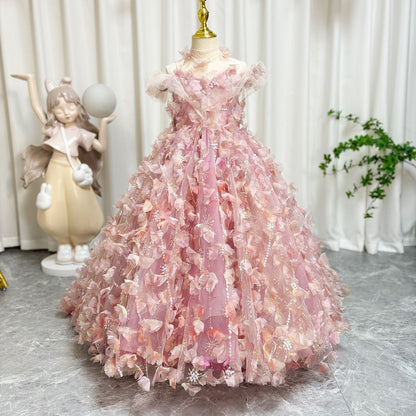 Luxury Pink Girl Dress with Flowers Kids Princess J094