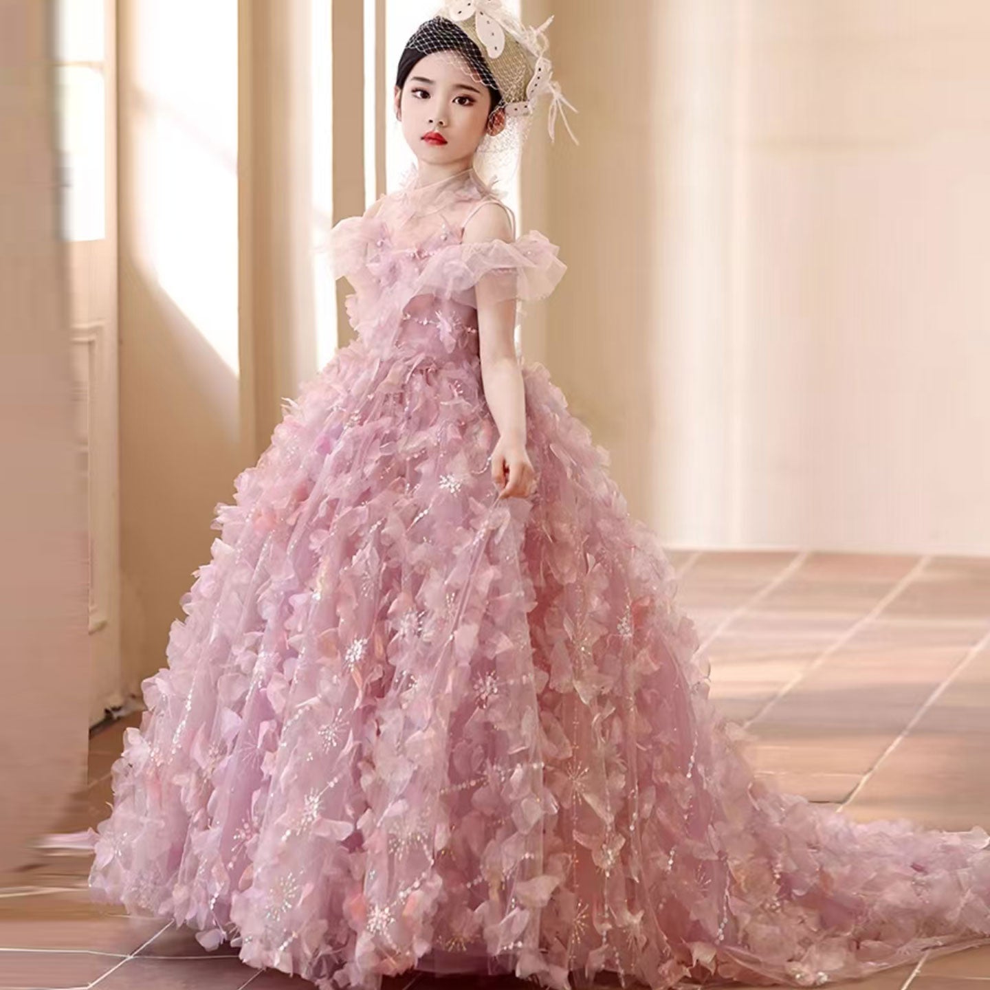 Luxury Pink Girl Dress with Flowers Kids Princess J094