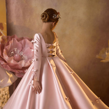 Luxury Pink Satin Girl Dresses Square Collar Long Sleeve J137