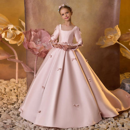 Luxury Pink Satin Girl Dresses Square Collar Long Sleeve J137