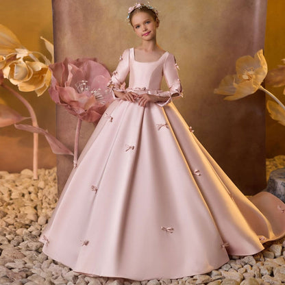 Luxury Pink Satin Girl Dresses Square Collar Long Sleeve J137