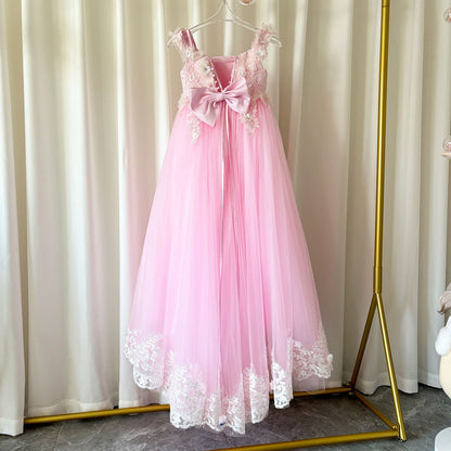 Luxury Pink Tulle Lace Girl Dress Sweep Train Ball Gown J178