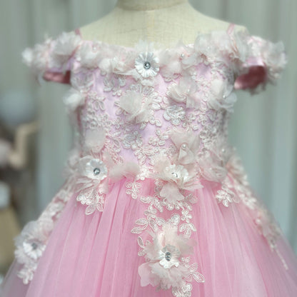 Luxury Pink Tulle Lace Girl Dress Sweep Train Ball Gown J178