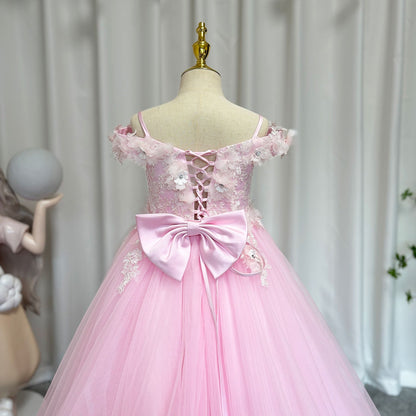 Luxury Pink Tulle Lace Girl Dress Sweep Train Ball Gown J178