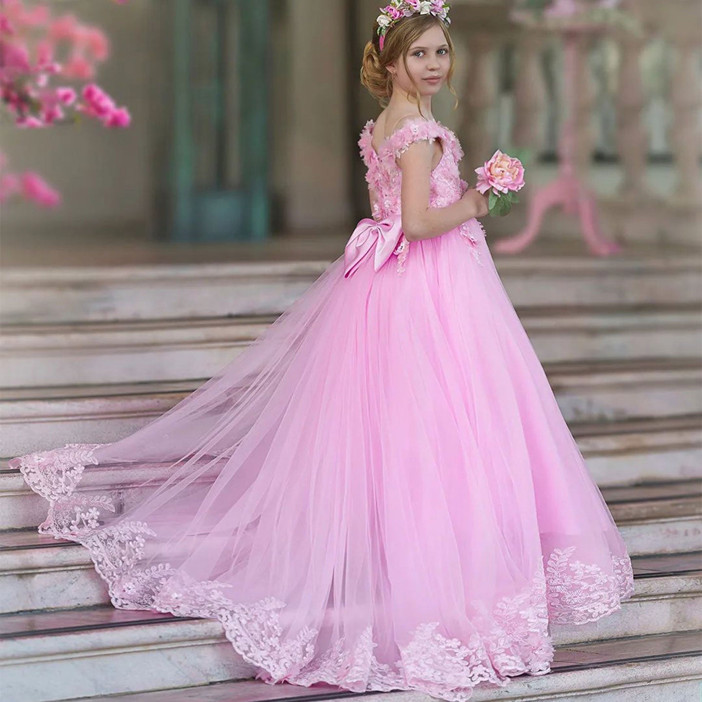 Luxury Pink Tulle Lace Girl Dress Sweep Train Ball Gown J178