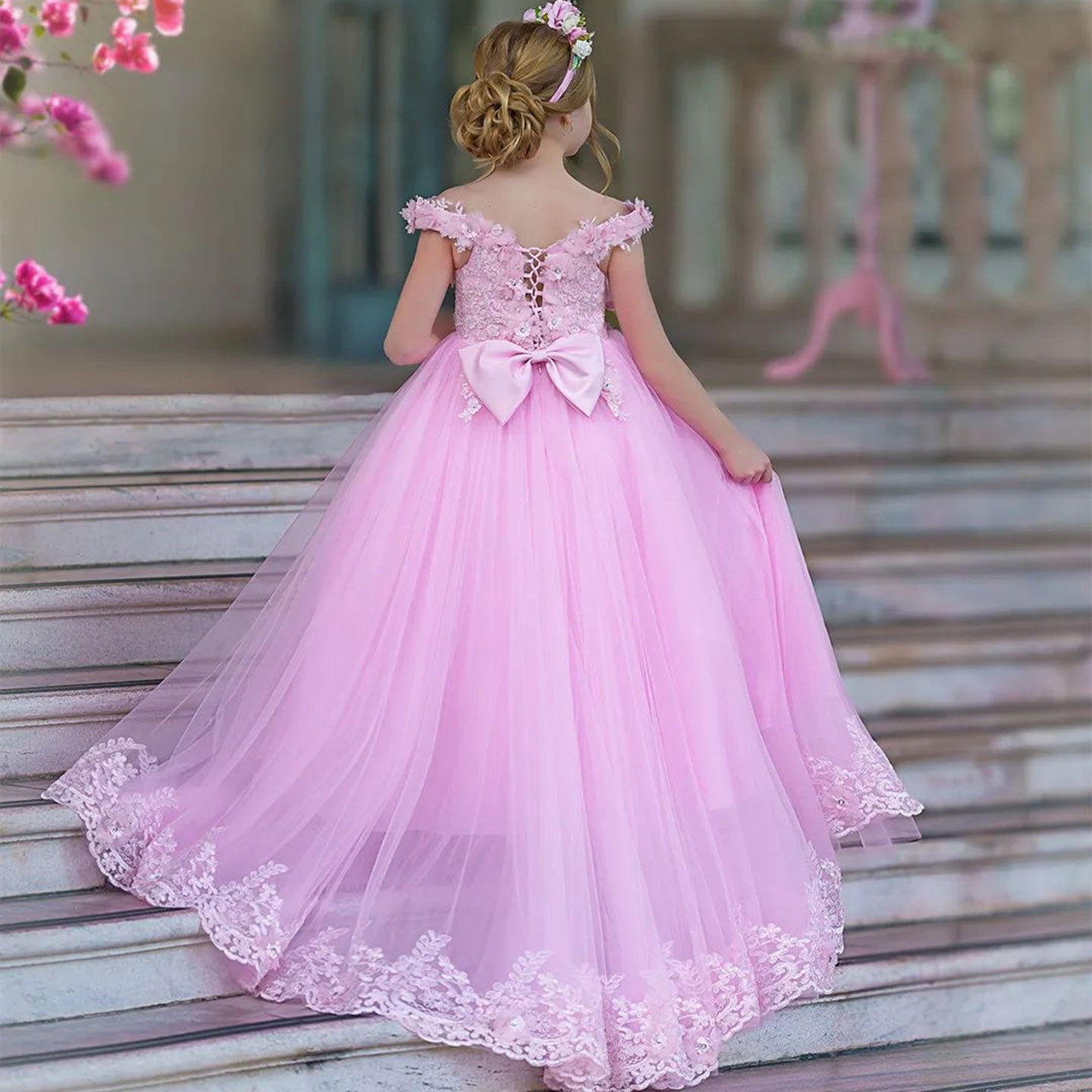 Luxury Pink Tulle Lace Girl Dress Sweep Train Ball Gown J178