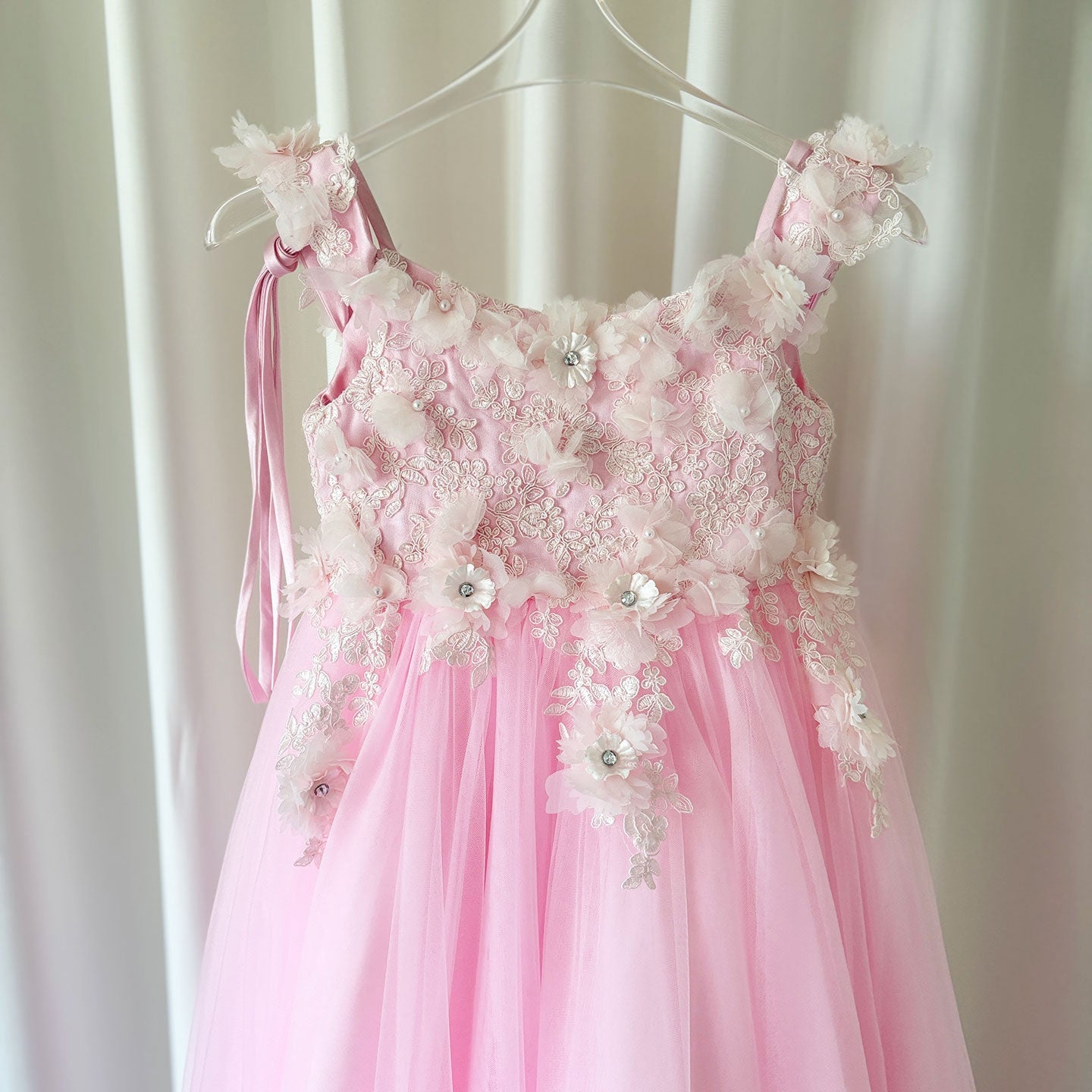 Luxury Pink Tulle Lace Girl Dress Sweep Train Ball Gown J178
