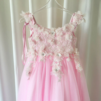 Luxury Pink Tulle Lace Girl Dress Sweep Train Ball Gown J178