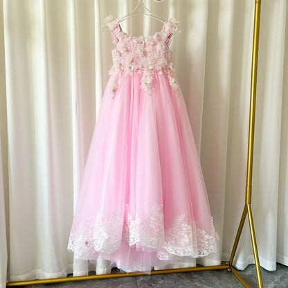 Luxury Pink Tulle Lace Girl Dress Sweep Train Ball Gown J178