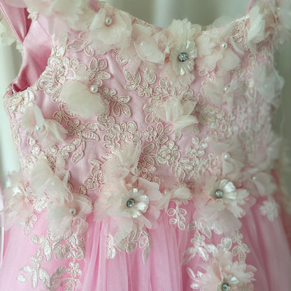 Luxury Pink Tulle Lace Girl Dress Sweep Train Ball Gown J178