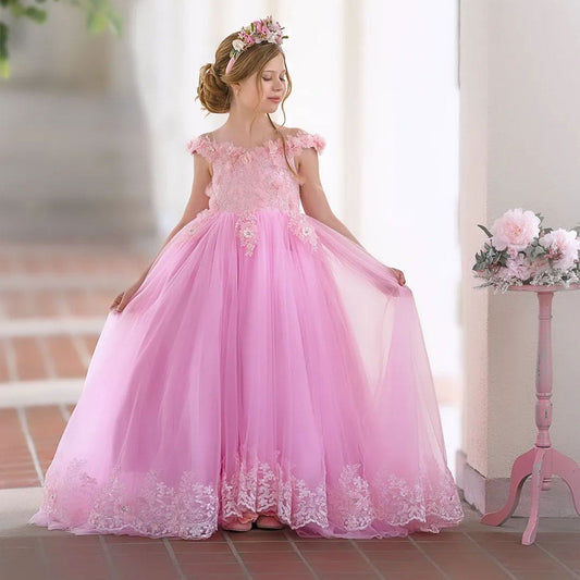 Luxury Pink Tulle Lace Girl Dress Sweep Train Ball Gown J178