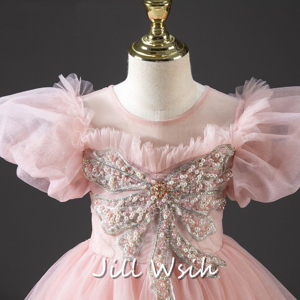 Luxury Princess Dusty Pink Girl Dress Dubai Tulle Pearls Beading J022