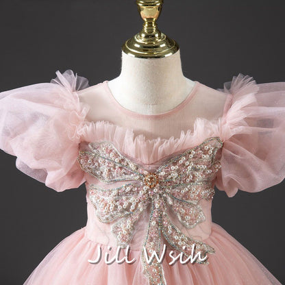 Luxury Princess Dusty Pink Girl Dress Dubai Tulle Pearls Beading J022