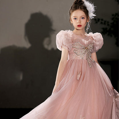 Luxury Princess Dusty Pink Girl Dress Dubai Tulle Pearls Beading J022