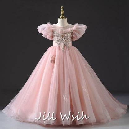 Luxury Princess Dusty Pink Girl Dress Dubai Tulle Pearls Beading J022