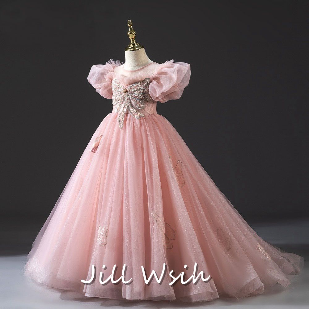 Luxury Princess Dusty Pink Girl Dress Dubai Tulle Pearls Beading J022