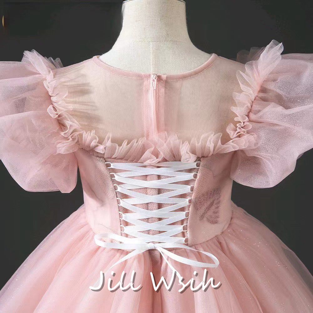 Luxury Princess Dusty Pink Girl Dress Dubai Tulle Pearls Beading J022