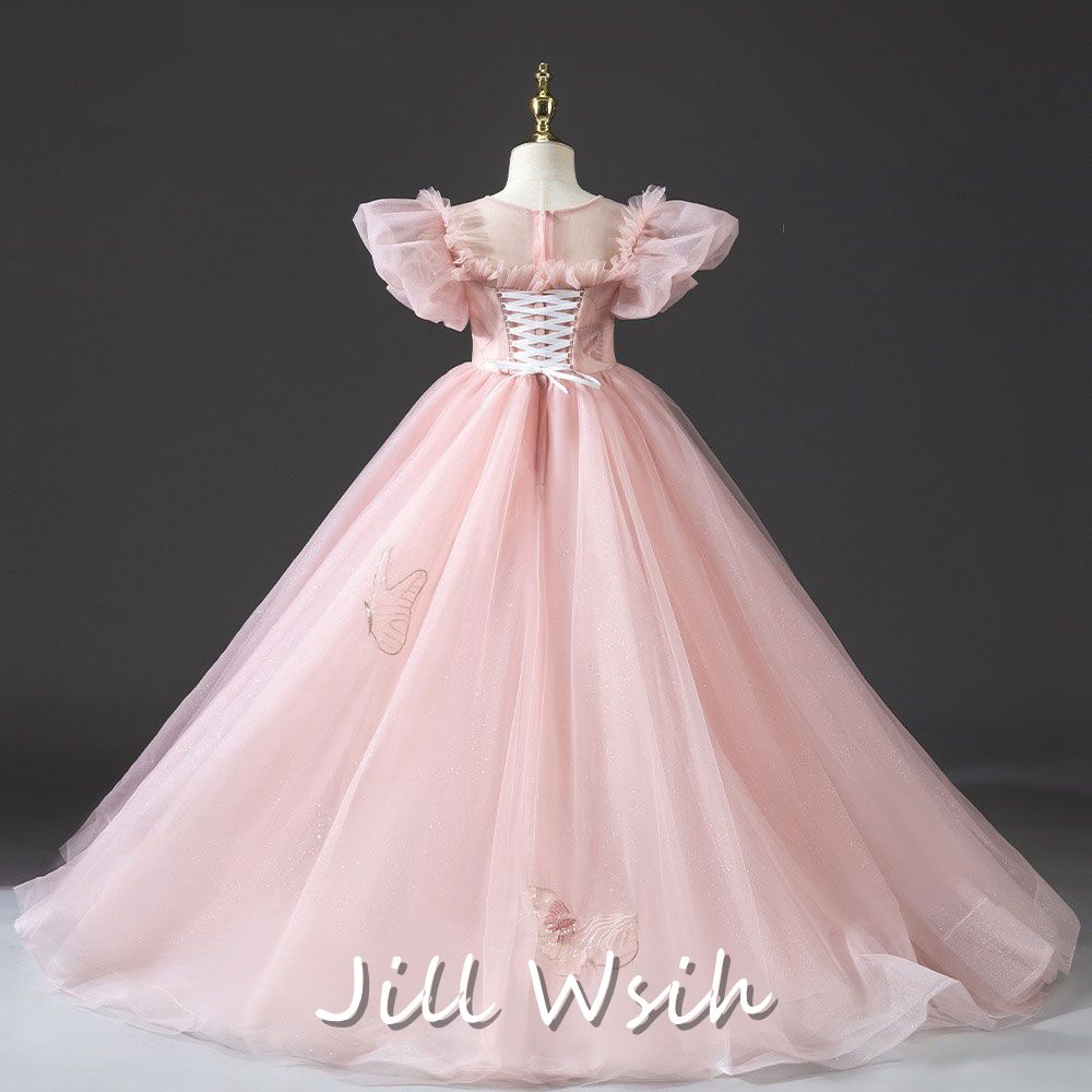Luxury Princess Dusty Pink Girl Dress Dubai Tulle Pearls Beading J022