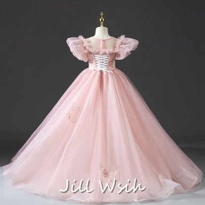 Luxury Princess Dusty Pink Girl Dress Dubai Tulle Pearls Beading J022