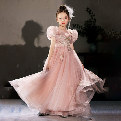 Luxury Princess Dusty Pink Girl Dress Dubai Tulle Pearls Beading J022