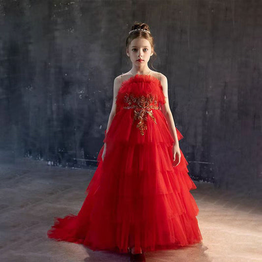 Luxury Red Beaded Tulle Girl Dress for Birthday Party J108