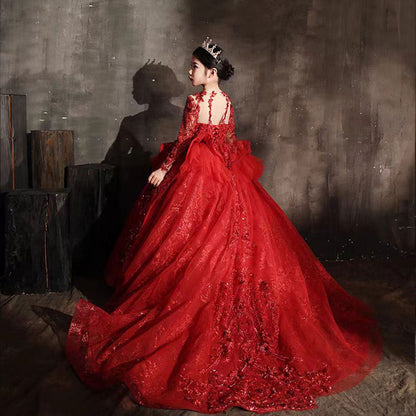 Luxury Red Crystal Birthday Party Girl Dress Long Sleeve J335