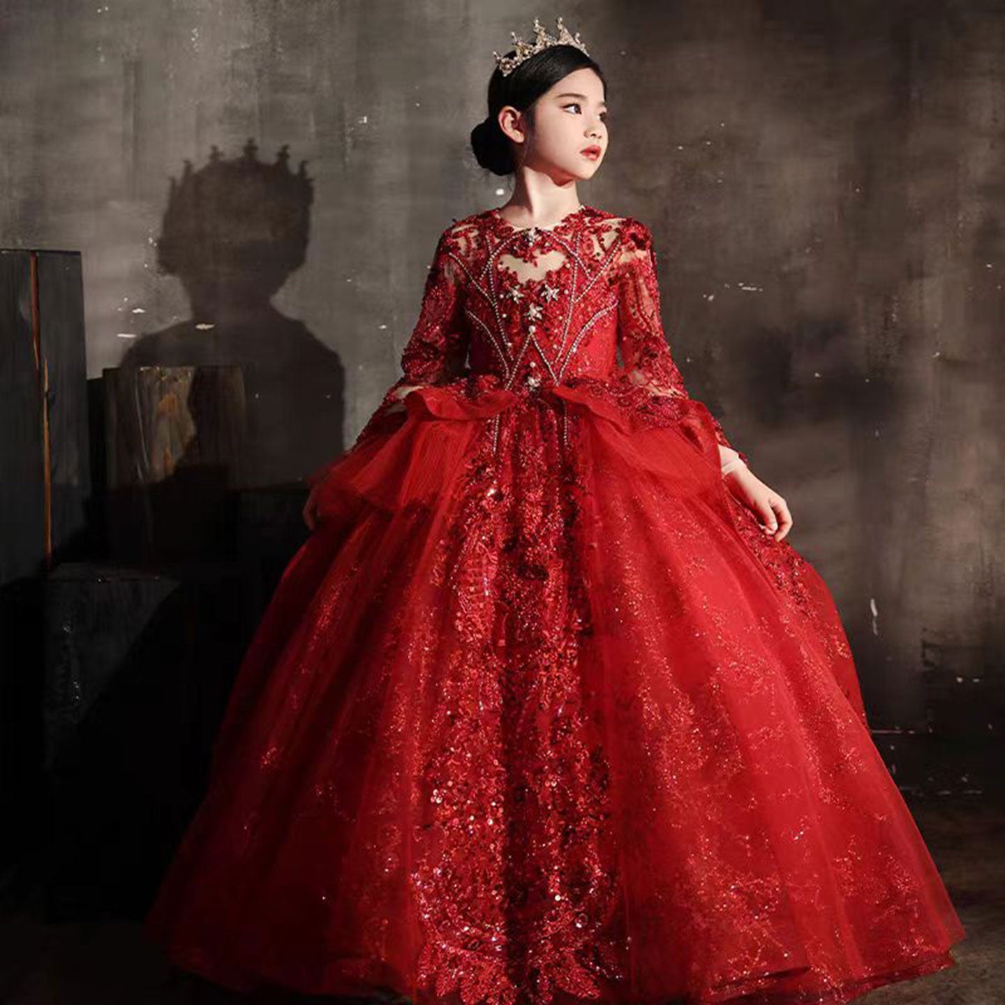 Luxury Red Crystal Birthday Party Girl Dress Long Sleeve J335
