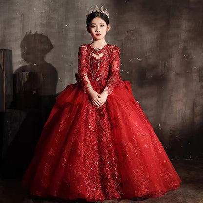 Luxury Red Crystal Birthday Party Girl Dress Long Sleeve J335