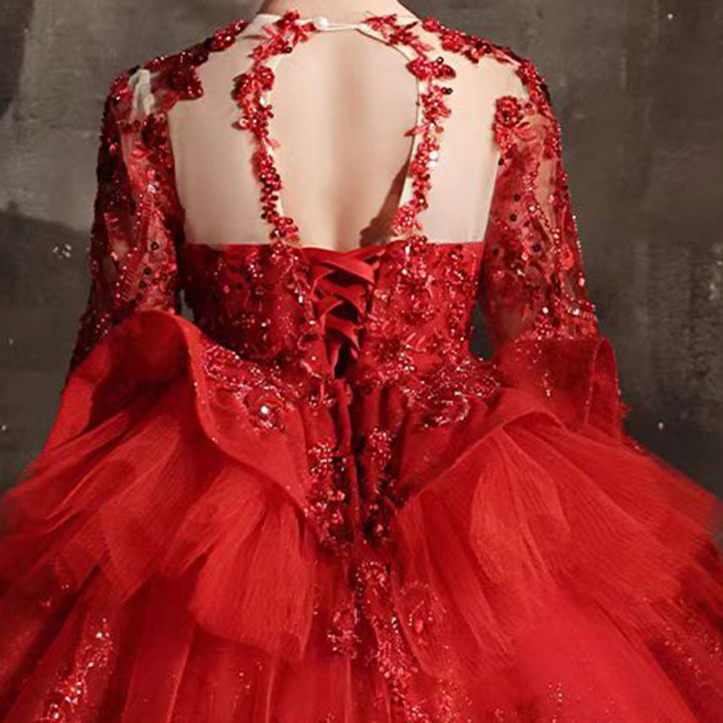 Luxury Red Crystal Birthday Party Girl Dress Long Sleeve J335