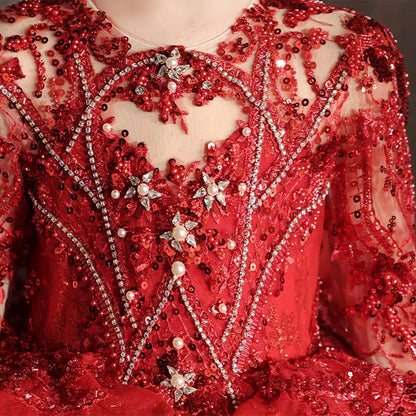 Luxury Red Crystal Birthday Party Girl Dress Long Sleeve J335