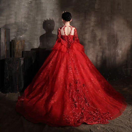 Luxury Red Crystal Birthday Party Girl Dress Long Sleeve J335