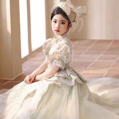 Luxury Sage Green Birthday Girl Dress with Sleeve J314