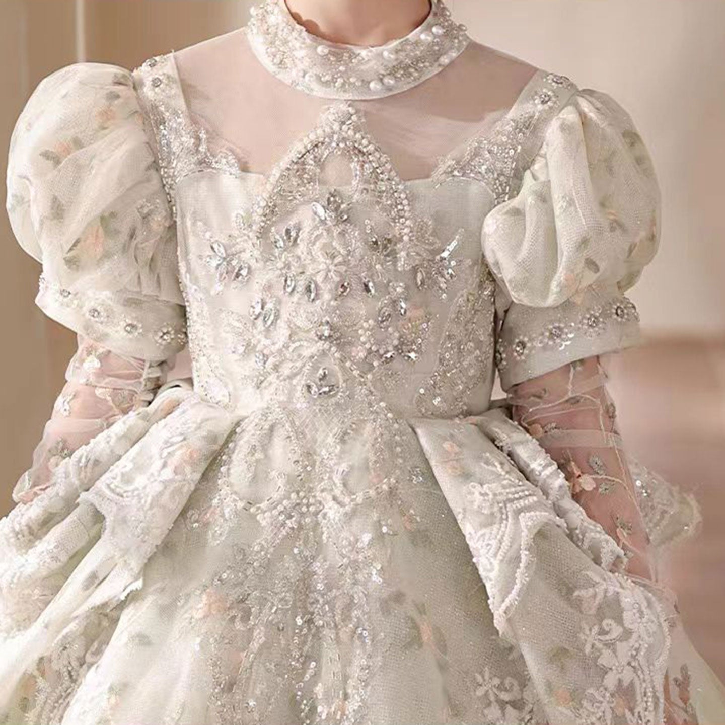 Luxury Sage Green Birthday Girl Dress with Sleeve J314