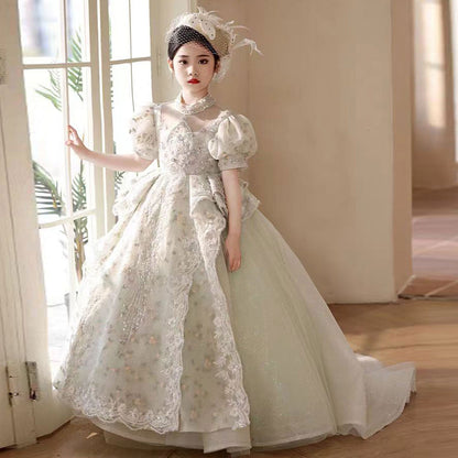 Luxury Sage Green Birthday Girl Dress with Sleeve J314