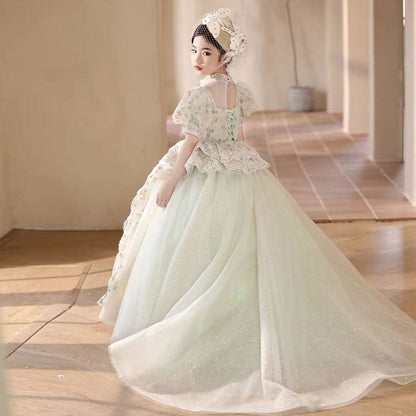 Luxury Sage Green Birthday Girl Dress with Sleeve J314