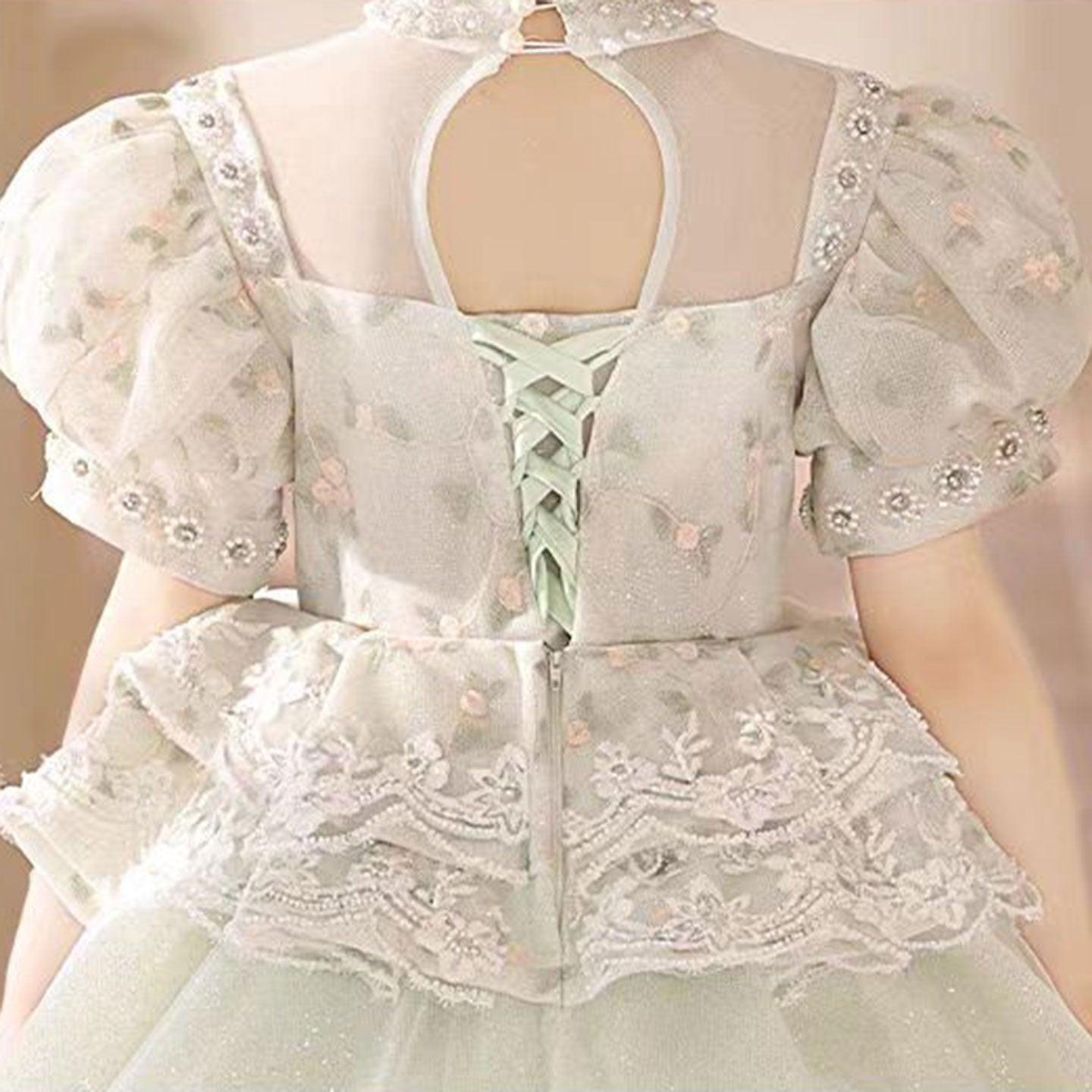 Luxury Sage Green Birthday Girl Dress with Sleeve J314