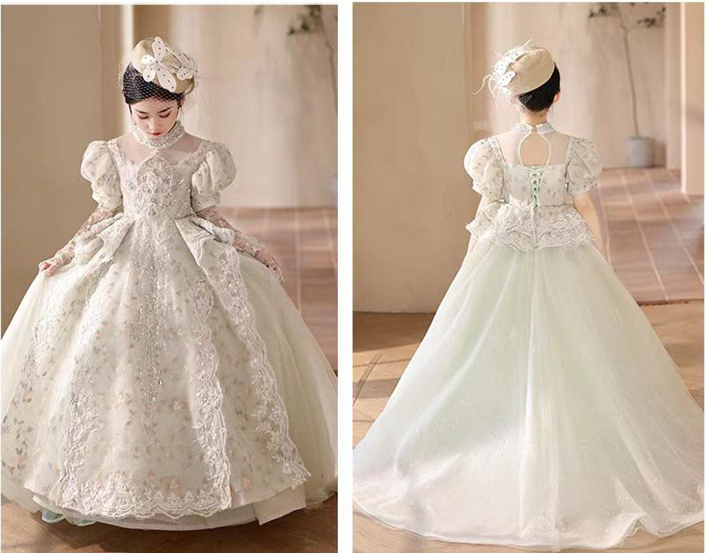 Luxury Sage Green Birthday Girl Dress with Sleeve J314