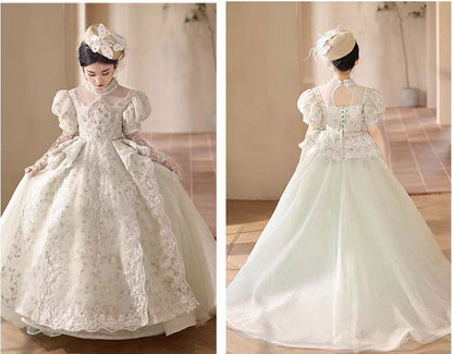 Luxury Sage Green Birthday Girl Dress with Sleeve J314