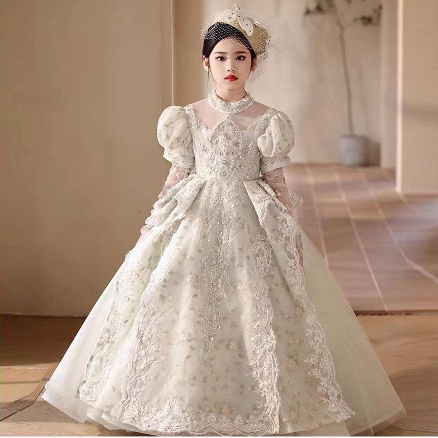 Luxury Sage Green Birthday Girl Dress with Sleeve J314