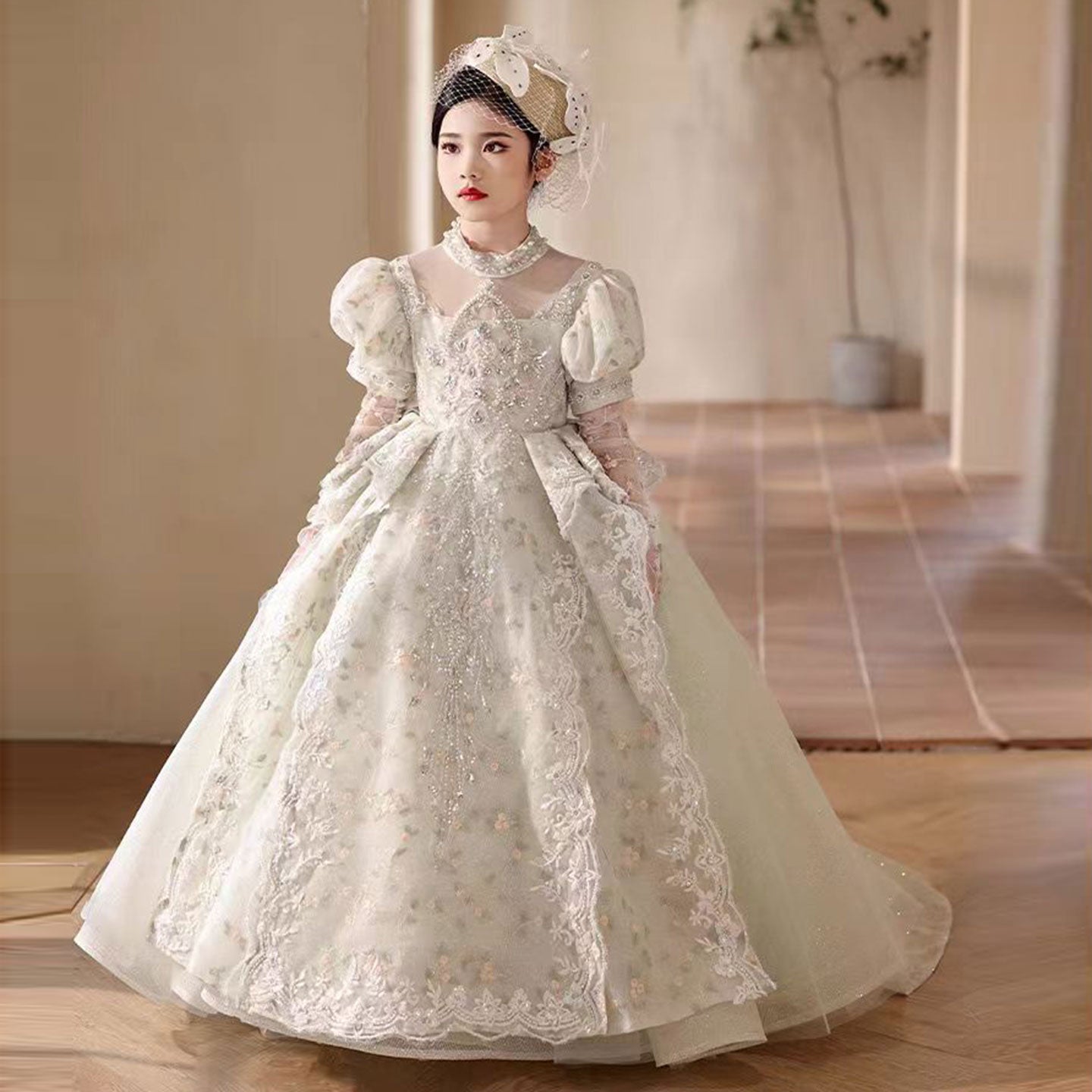 Luxury Sage Green Birthday Girl Dress with Sleeve J314