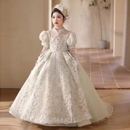 Luxury Sage Green Birthday Girl Dress with Sleeve J314