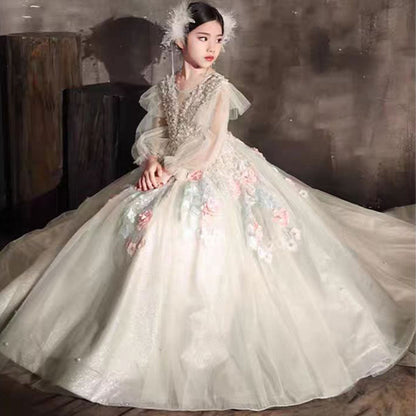 Luxury Sage Green Crystal A-Line Long Sleeve Girl Dress J330