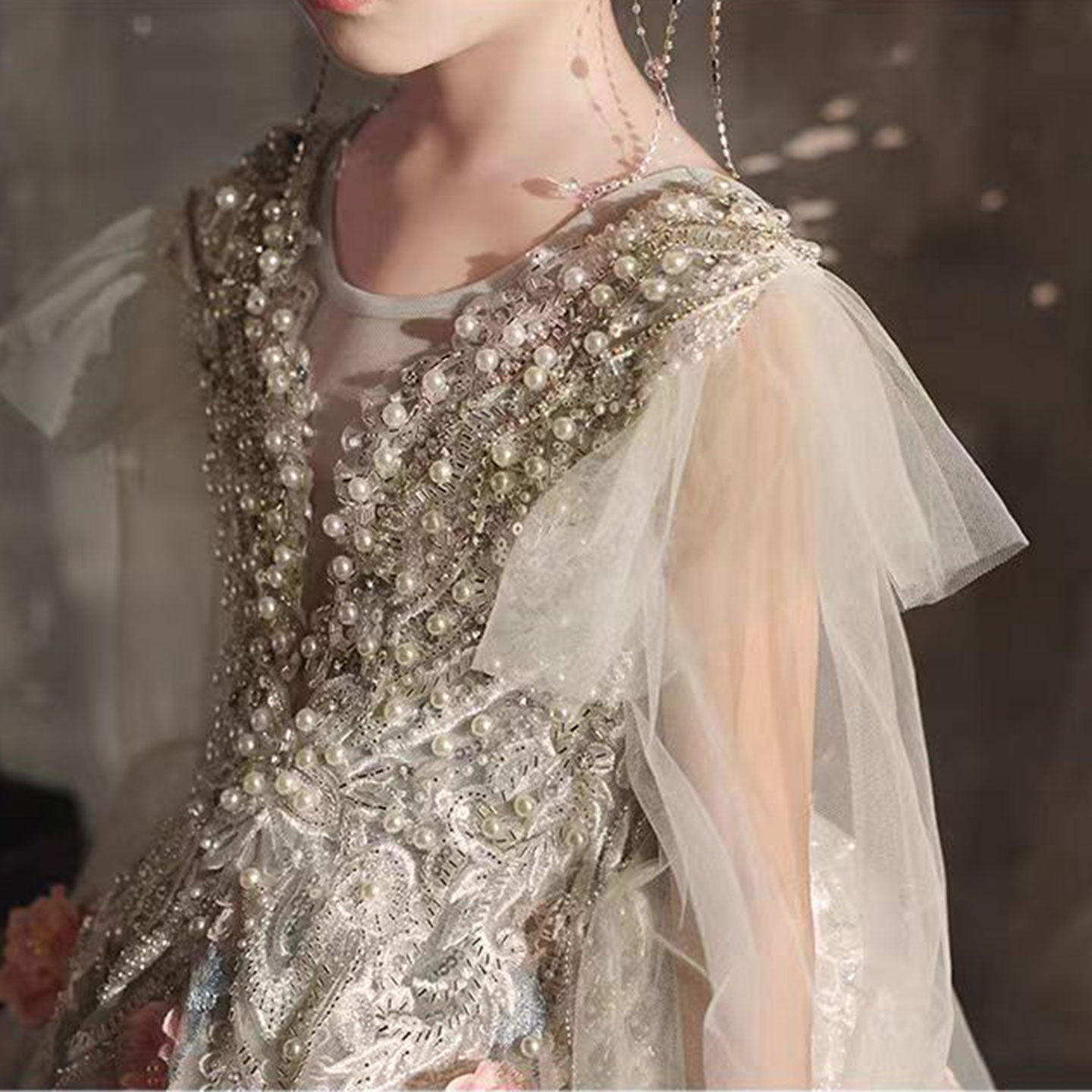 Luxury Sage Green Crystal A-Line Long Sleeve Girl Dress J330