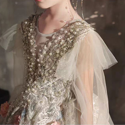 Luxury Sage Green Crystal A-Line Long Sleeve Girl Dress J330