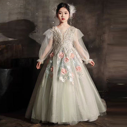 Luxury Sage Green Crystal A-Line Long Sleeve Girl Dress J330