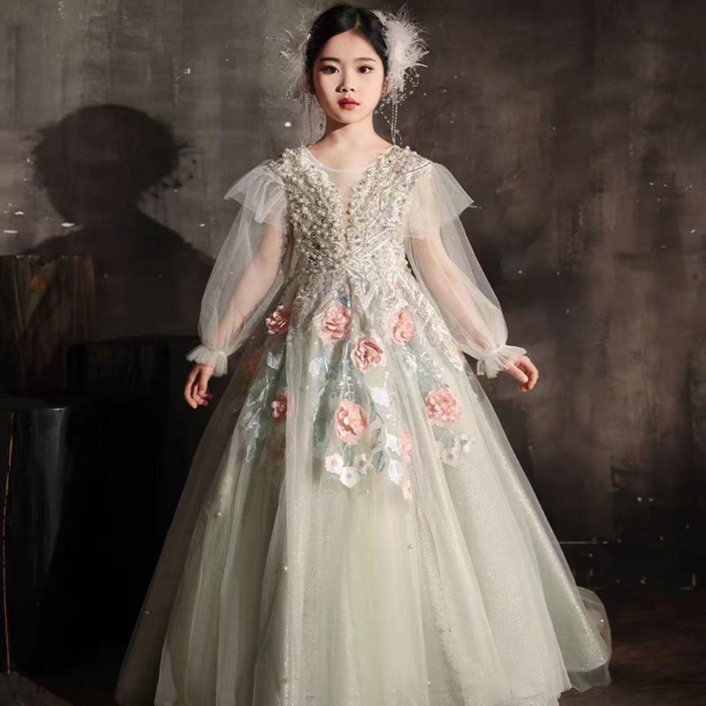 Luxury Sage Green Crystal A-Line Long Sleeve Girl Dress J330